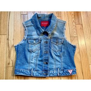 Vintage Guess Los Angeles Denim Jean Vest Distressed Raw Hem Cropped Blue Size L